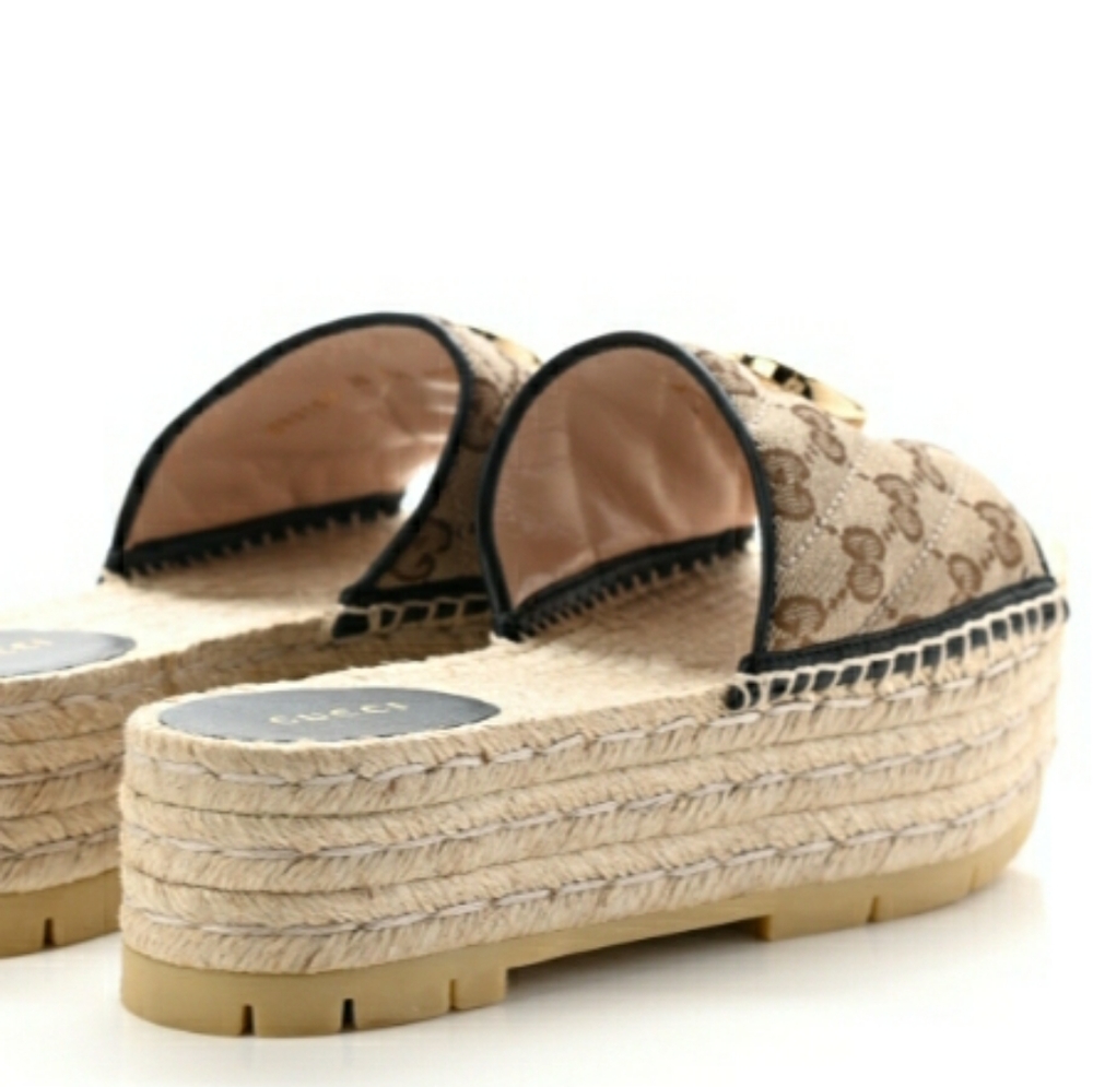 Gucci Beige/Ebony Marmount GG Espadrille Wedge Sandals - Picture 8 of 9